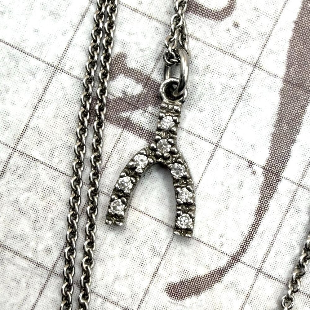 Vintage Sterling Silver CZ Wishbone Good Luck Symbol Charm Pendant Necklace 925